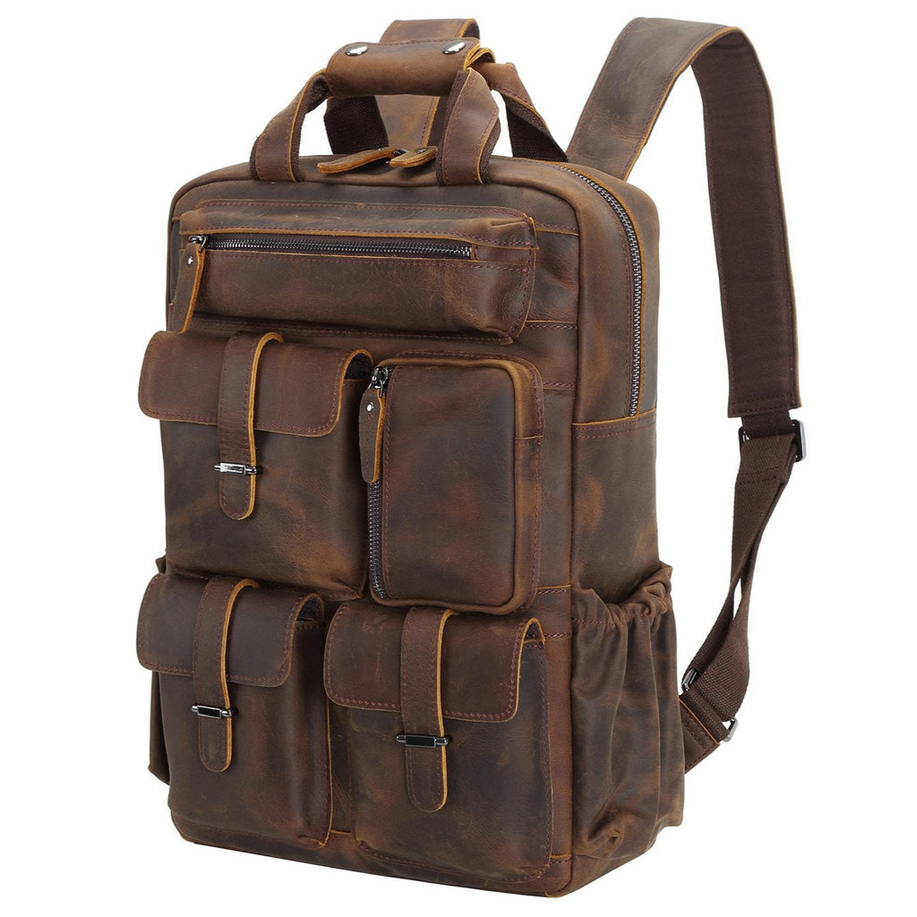 Polare Cowhide Leather Multiple Laptop Backpack Day Pack School Bag Tr