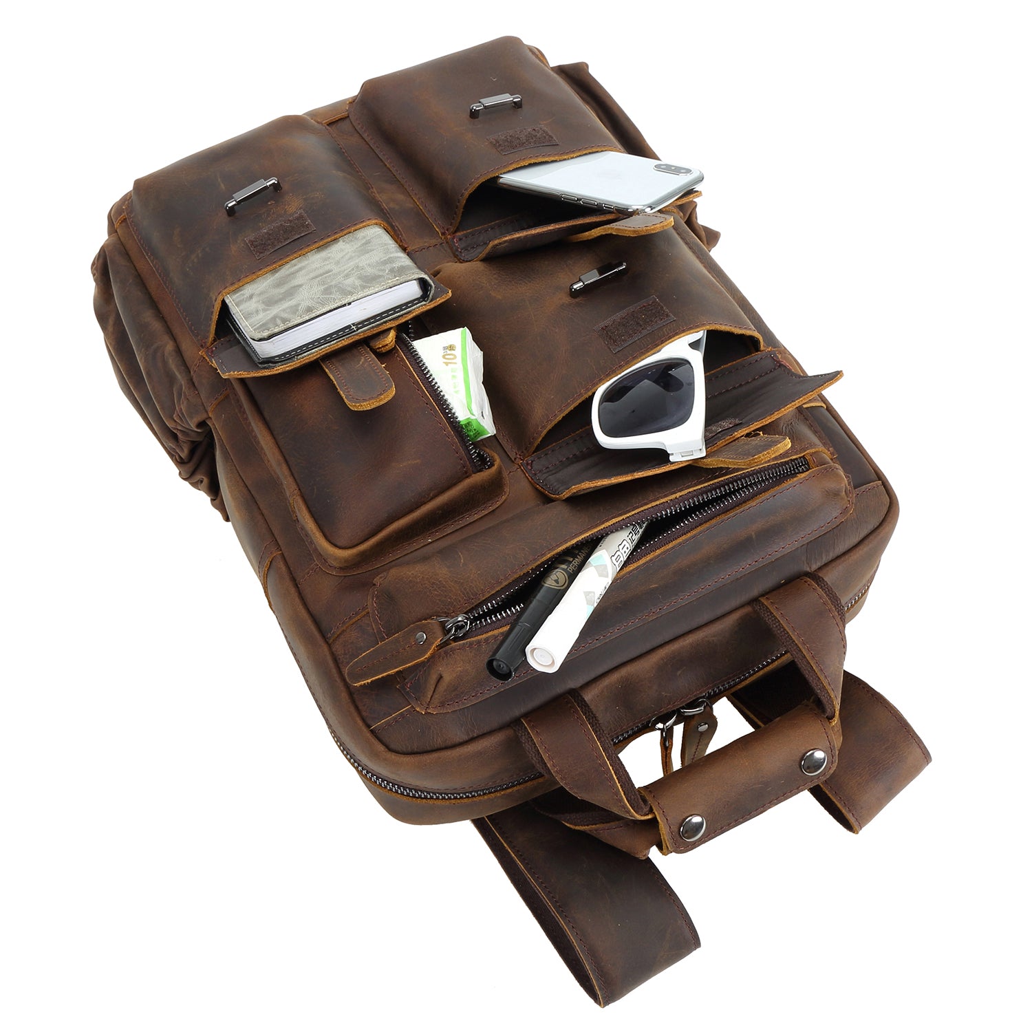 Polare Cowhide Leather Multiple Laptop Backpack (Dark Brown, Pockets)