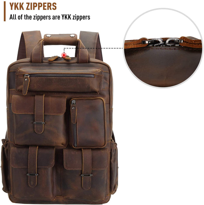 Polare Cowhide Leather Multiple Laptop Backpack (Dark Brown, YKK Zippers)