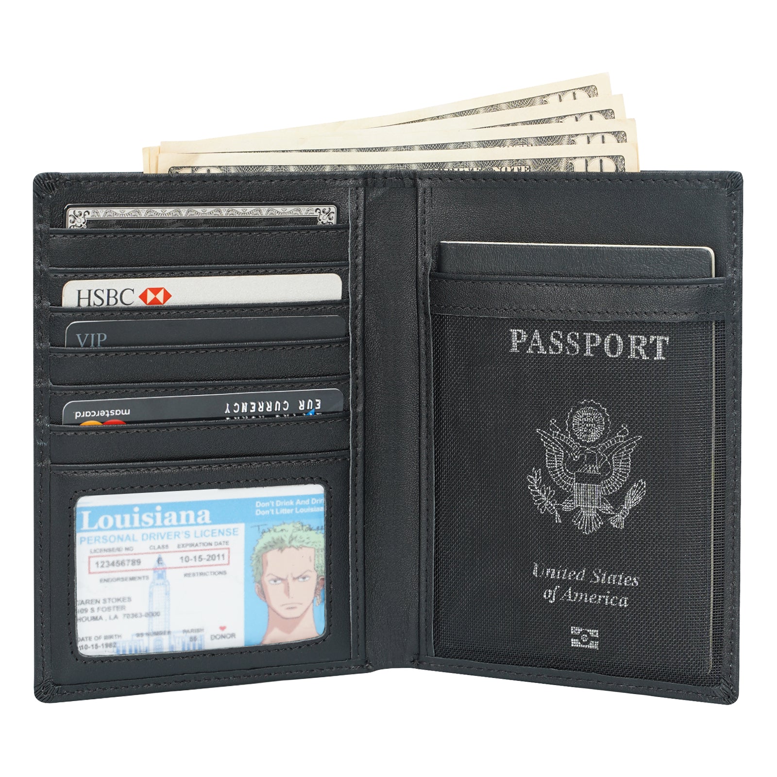 Polare RFID Blocking Leather Passport Holder Travel Bifold Wallet (Black)