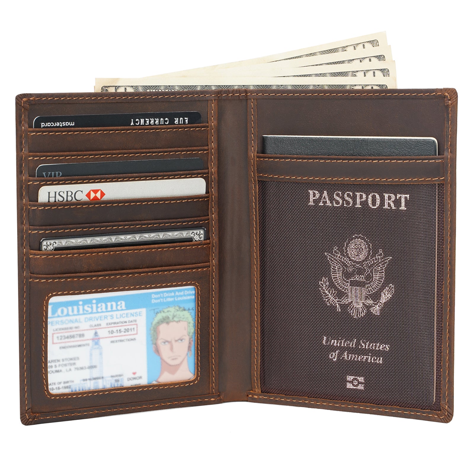 Polare RFID Blocking Leather Passport Holder Travel Bifold Wallet (Dark Brown)