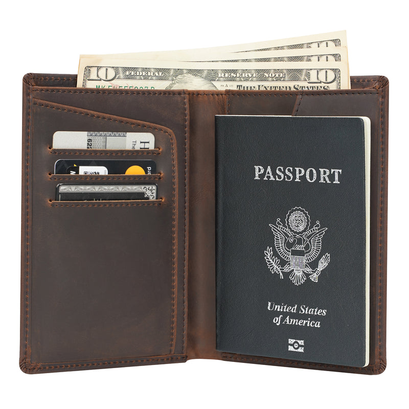 Polare RFID Blocking Leather Passport Holder Travel Bifold Wallet (Dark Brown)