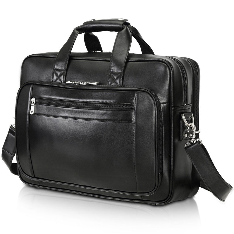 Polare 17" Full Grain Leather Briefcase Business Travel Laptop (Black)