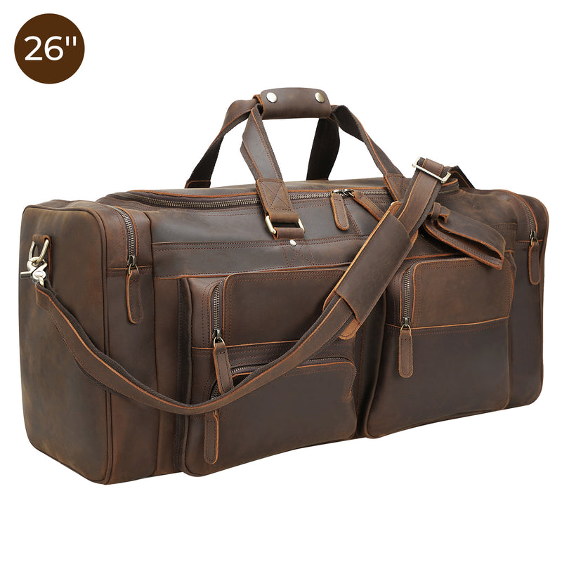 Polare 23"/26" Leather Duffel Weekender Travel Bag For Men With Full Grain Cowhide Leather 42L/56L