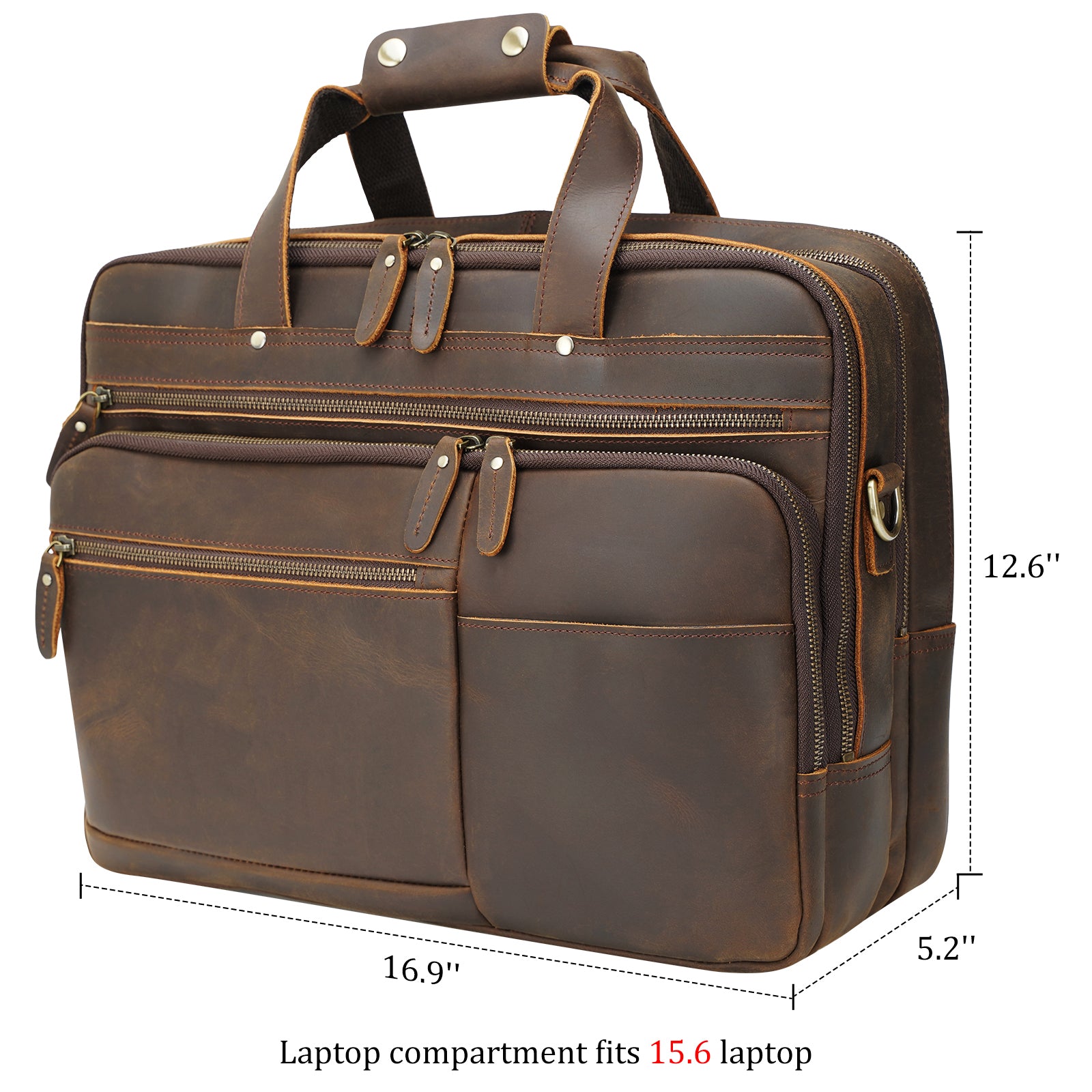 Polare Full Grain Leather Briefcase Travel Messenger Bag Fits 15.6" Laptop (Dimension)