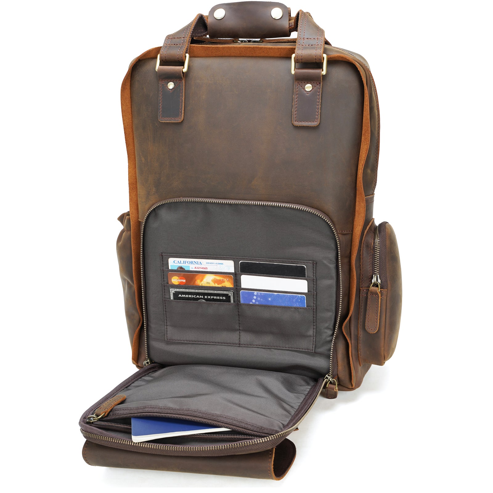 Polare Full Grain Italian Leather Backpack 15.6 Inch Laptop Bag Hiking Travel Rucksack (Front Pocket)