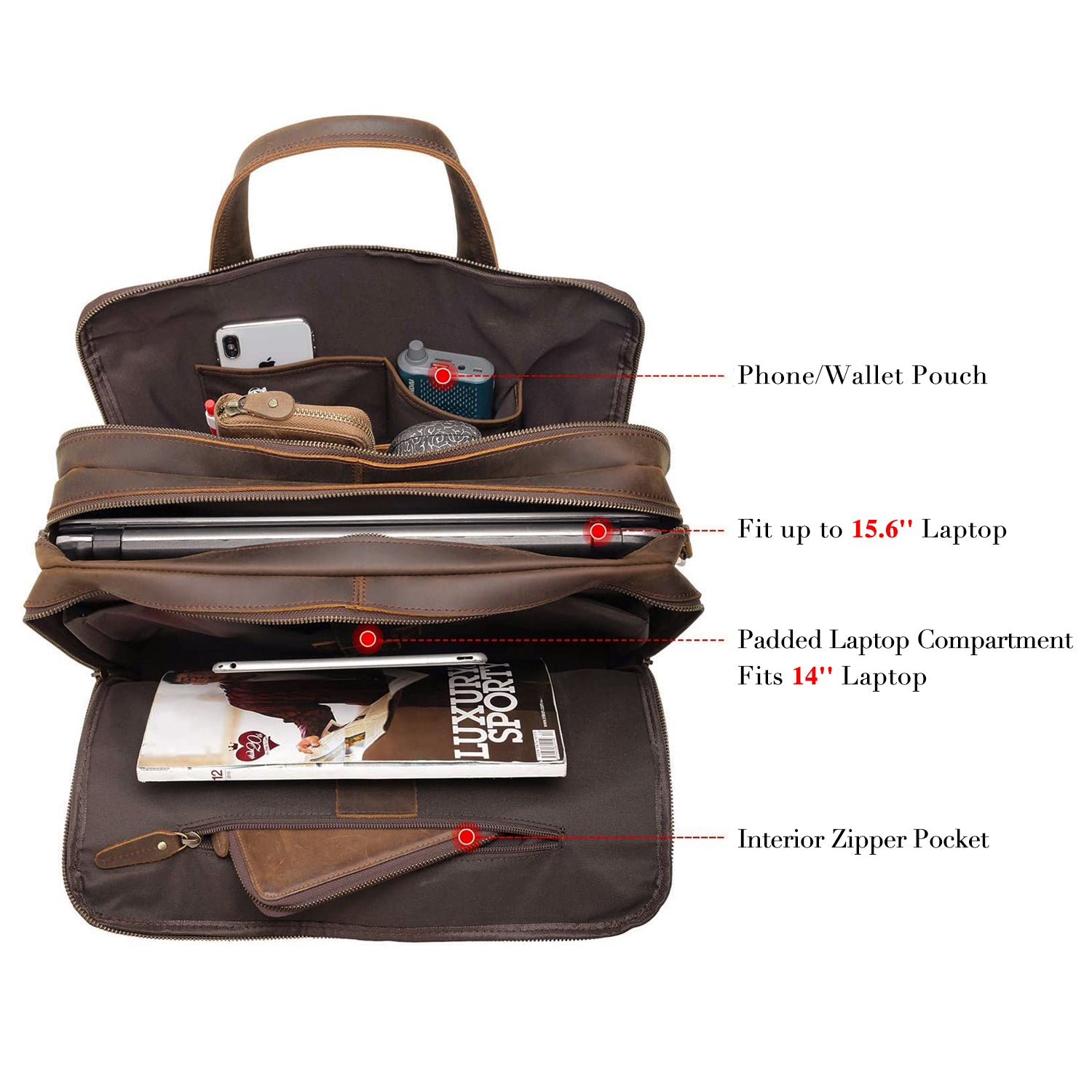 Polare 15.7" Full Grain Italian Leather Laptop Business Briefcase (Inside)