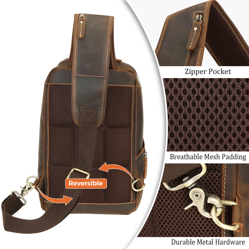 Polare Modern Style Sling Shoulder Bag Men’s Travel/Hiking Daypack (Back, Details)