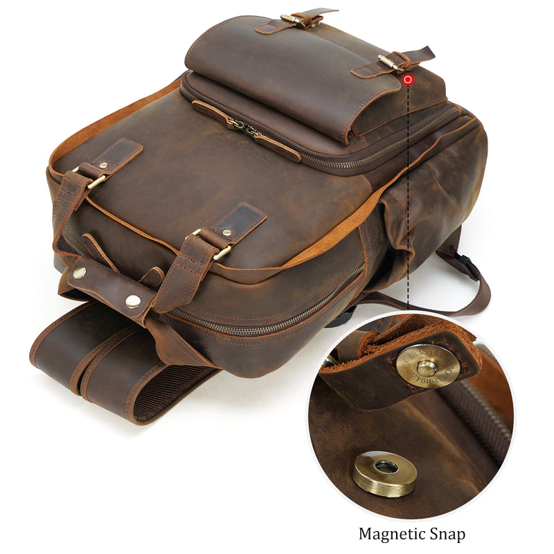 Polare Full Grain Italian Leather Backpack 15.6 Inch Laptop Bag Hiking Travel Rucksack (Top)