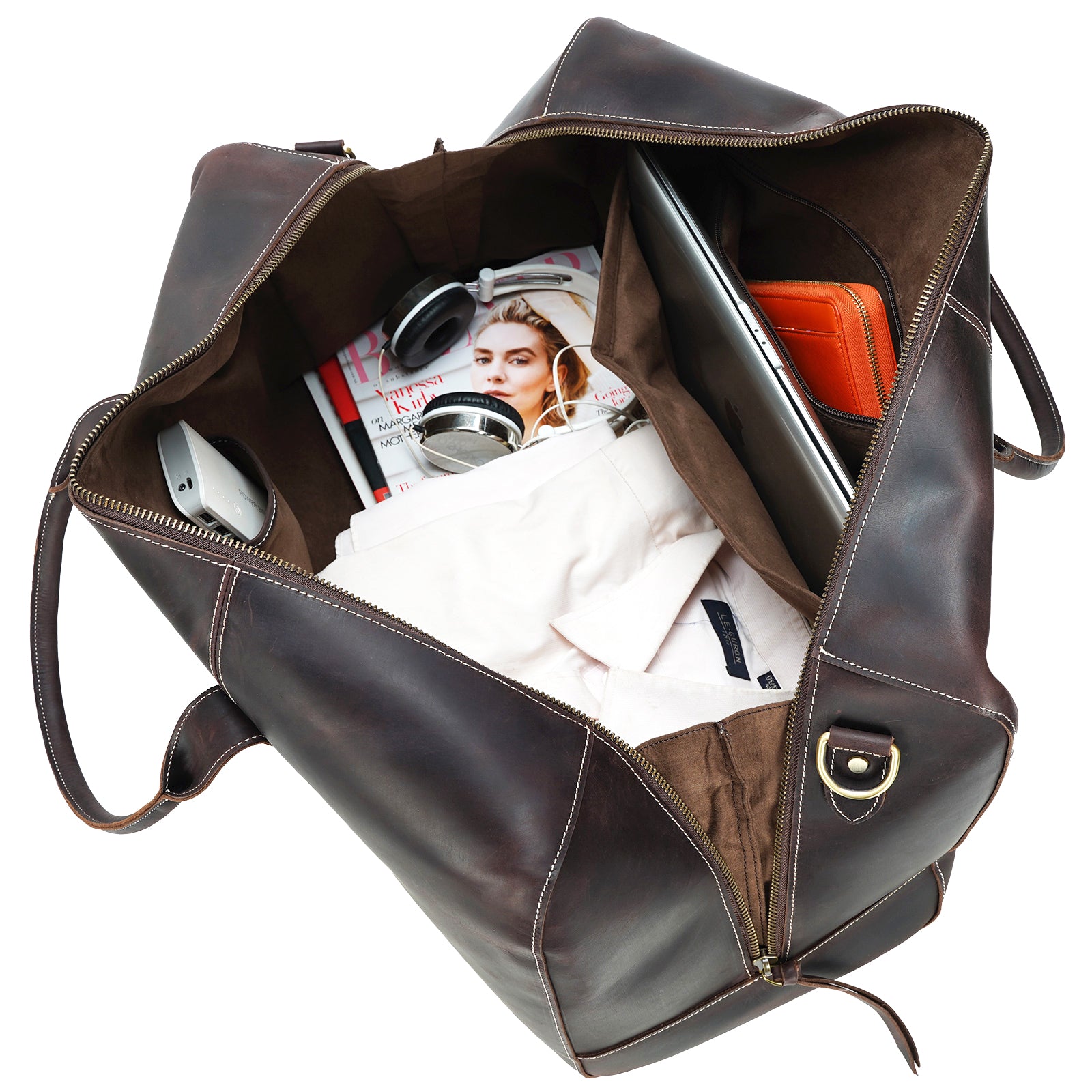 Polare 23.2'' Leather Duffel Bag Overnight Weekender Bag (Dark Brown, Inside)