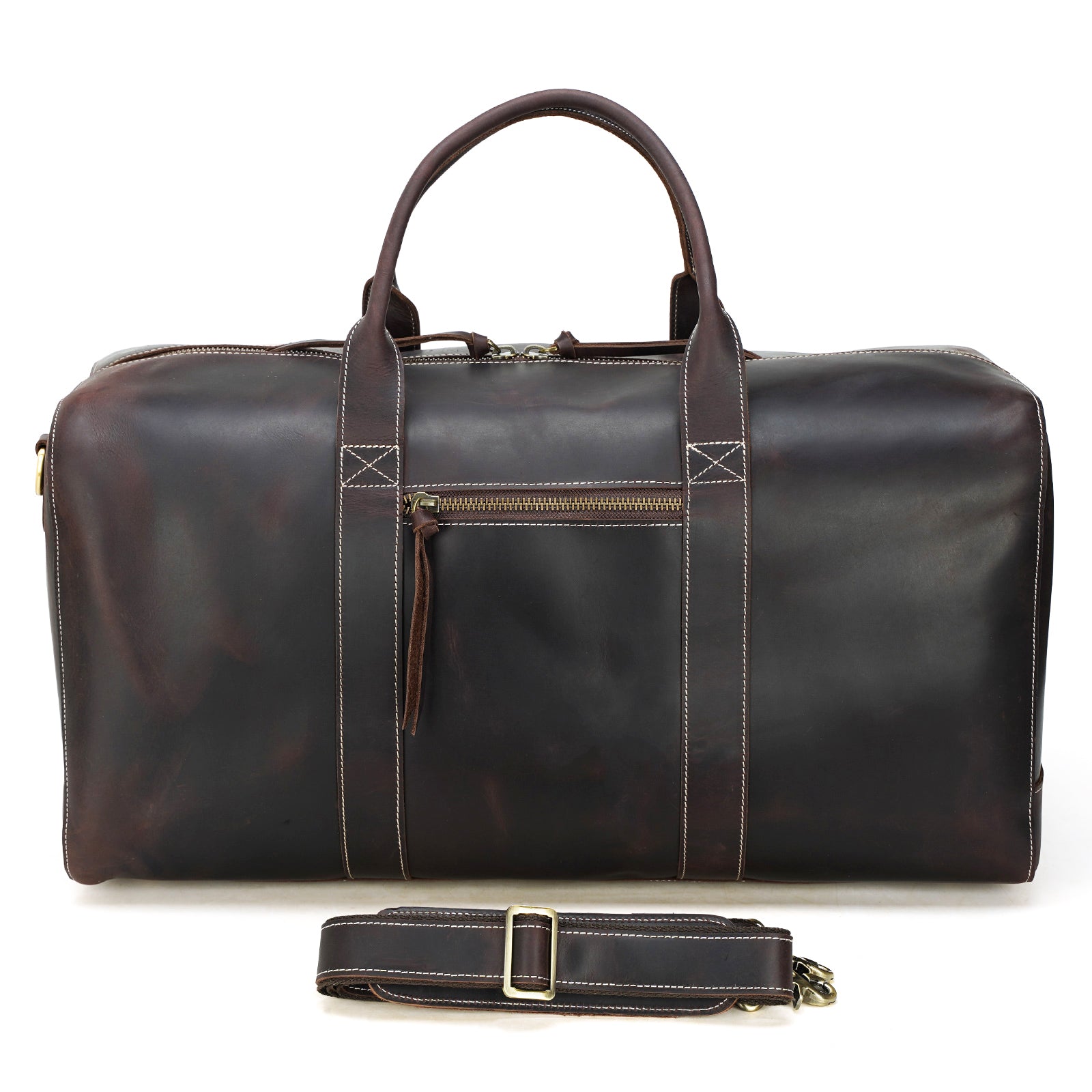 Polare 23.2'' Leather Duffel Bag Overnight Weekender Bag (Dark Brown, Front)
