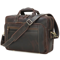Polare 17" Full Grain Leather Briefcase Business Travel Laptop (Dark Brown)